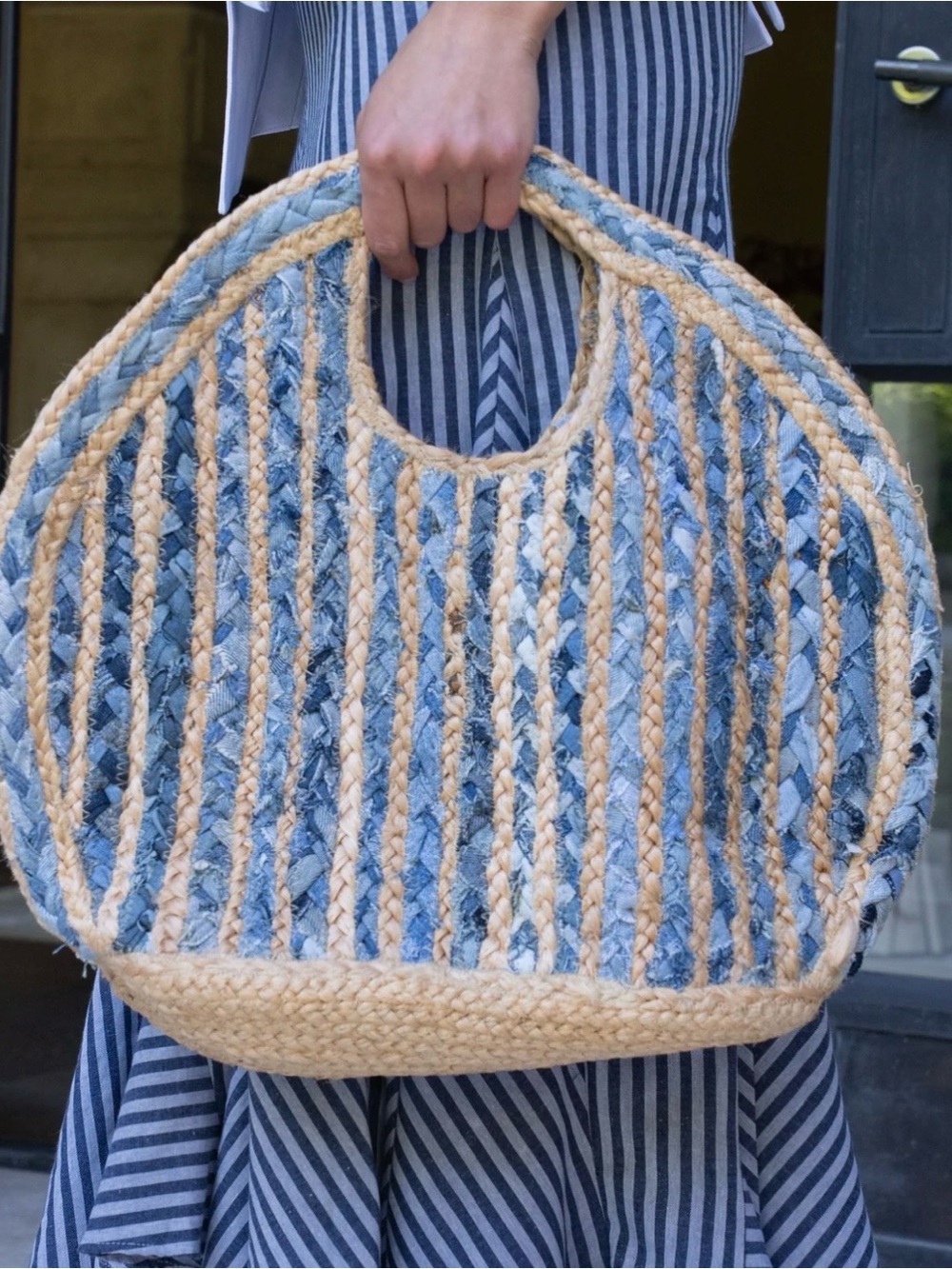 Antik Kraft Blue and Tan Braided/Woven  Round Tote pre-owned